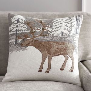 Pottery Barn Moose Crewel Embroidered Pillow Cover with Jingle Bell Accents 🔔